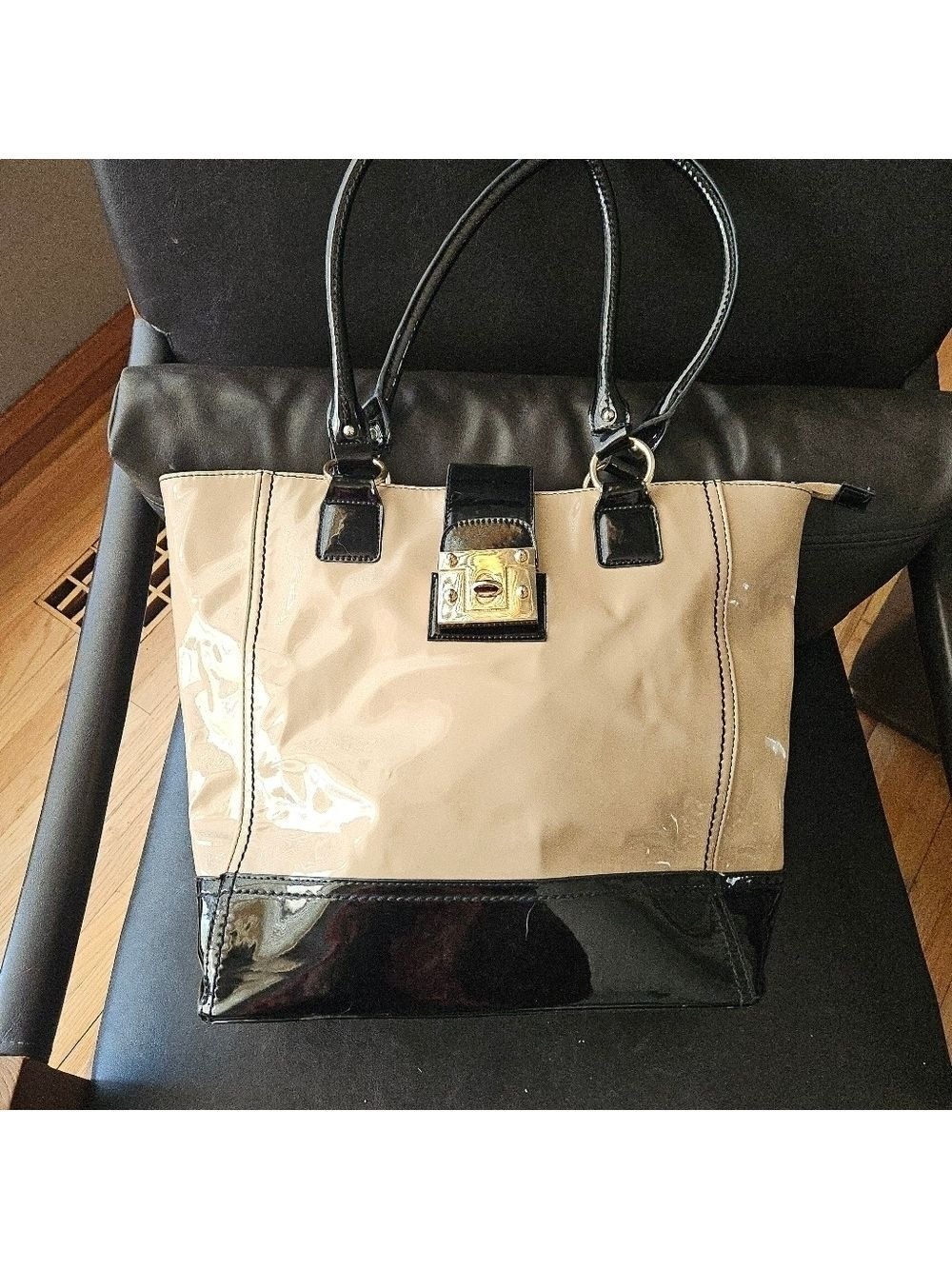 Apt 9 Cream and Black 2-Tone Patent-type Tote Bag